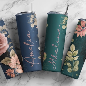 Customized tumblers with metallic straws, names Amelia, Madeline in script, perfect for wedding favors.