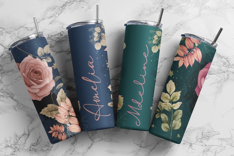 Customized tumblers with metallic straws, names Amelia, Madeline in script, perfect for wedding favors.
