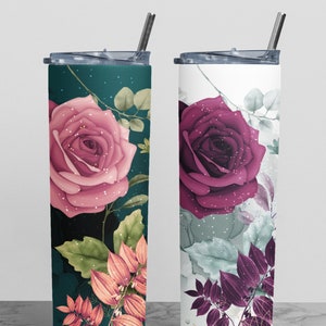 Chic personalized tumblers set on marble, rose and botanical print, ideal for bridal shower gifts.