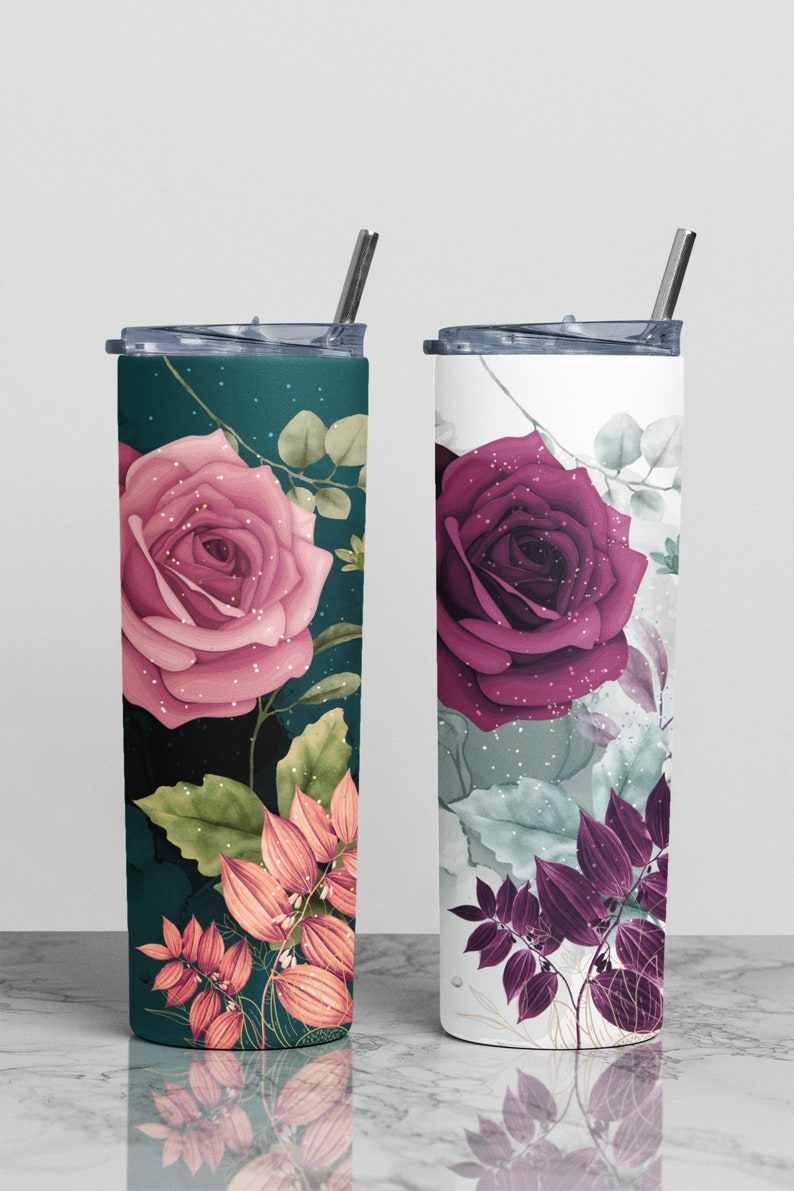 Chic personalized tumblers set on marble, rose and botanical print, ideal for bridal shower gifts.