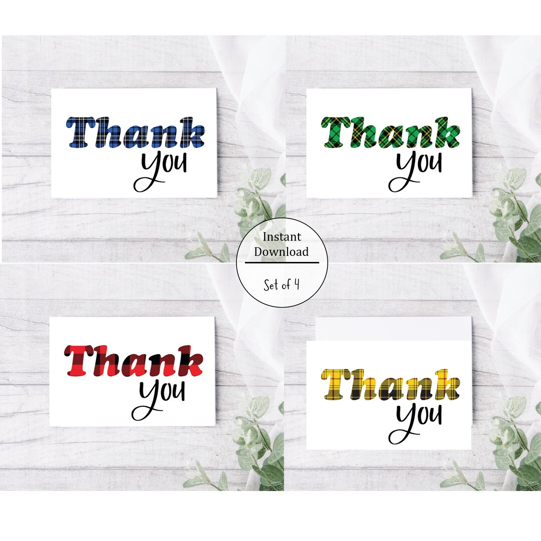 Set of 4 Printable Thank You Cards, Instant Download PDF, DIY Card, Seasonal Plaid - Etsy