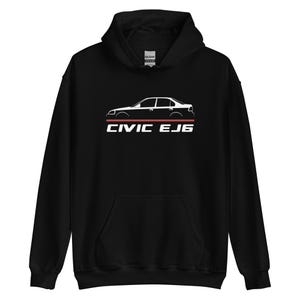 May include: Black hooded sweatshirt with a white car graphic and the text "CIVIC EJ6" in white. The car graphic is a side profile of a sedan with a red stripe underneath. The sweatshirt has a front pocket and a hood with a drawstring.