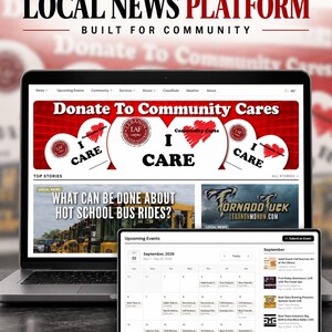May include: A laptop and a tablet displaying a website titled Local News Platform. The screen shows a banner for Donate To Community Cares with heart graphics, a news story about hot school bus rides, and a calendar for September 2026.