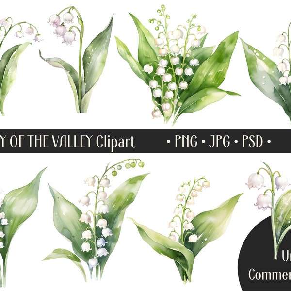 Watercolor Lily of the Valley Clipart PNG, Commercial Use Clip Art, Spring Floral PNG, Digital Art, POD Allowed, Junk Journal Card Making