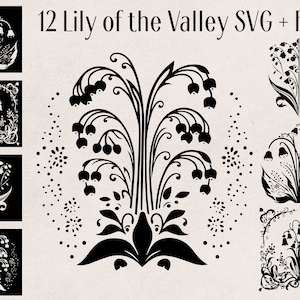 スズラン SVG PNG ステンシル アールヌーボー アールデコ、花柄の白黒ファイル、ベクター花、ベクター メイフラワー、正方形ステンシル