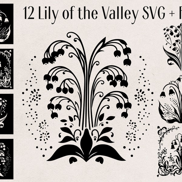 Lily of the Valley SVG PNG Stencil Art Nouveau Art Deco, Floral Black and White File, Vector Flowers, Vector May Flower, Square Stencils