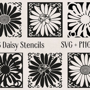 SVG Pochoirs de marguerites, PNG, vecteurs minimalistes, noir et blanc, Ensemble floral, Vecteurs Art nouveau, Vecteur Art déco, Carré