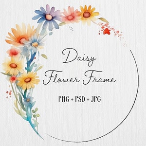 Clip Art Aquarelle Cadre circulaire fleuri, marguerites multicolores, PNG PSD, Bordure colorée, POD autorisé, utilisation commerciale
