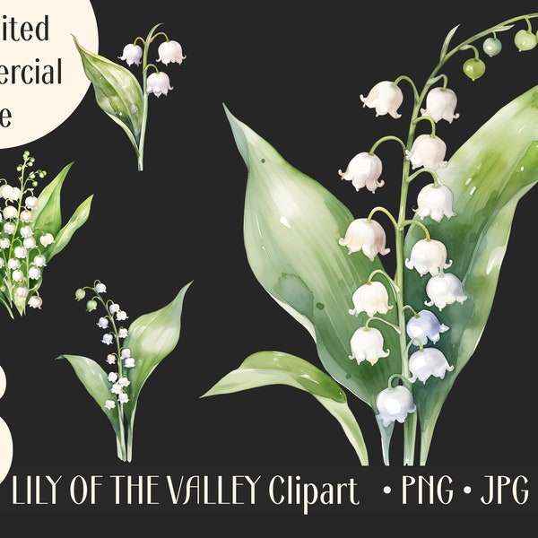 Watercolor Lily of the Valley Clipart PNG, Commercial Use Clip Art, Spring Floral PNG, Digital Art, POD Allowed, Junk Journal Card Making