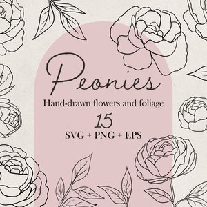 Pivoines dessinées à la main, SVG, PNG et EPS, vecteurs minimalistes de traits fins, Ensemble floral et de feuillage à assembler