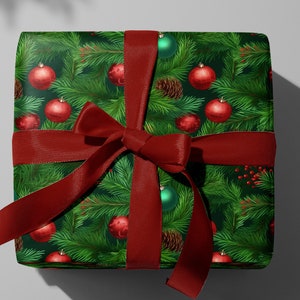 Christmas Tree Wrapping Paper, Ornaments Gift Wrap, Evergreen Christmas Tree Wrapping Sheets