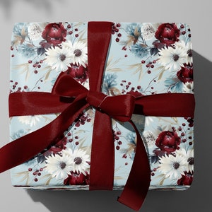 Winter Flowers Wrapping Paper, Blue Floral Gift Wrap, Snow Flowers Christmas Wrapping Sheets, Floral Birthday Gift Wrap