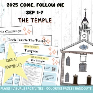 Puede incluir: Descarga digital de planes de lecciones y elementos visuales para el tema de 2025 de Ven, sígueme, "El Templo". Incluye planes de lecciones, actividades, páginas para colorear y folletos. Presenta un dibujo de un templo y el texto "2025 Ven, sígueme SEP 1-7 El Templo".