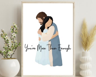 More Than Enough| BLACK Hair LIGHT Skintone| Christ Hugging Woman| Gift for Women| Mother’s Day| Birthday| Missionary| Ministering| Wall art