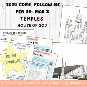 Puede incluir: Una descarga digital para una lección de Ven, Sígueme sobre los Templos. La descarga incluye planes de lecciones, visuales, actividades, páginas para colorear, folletos y más. La imagen presenta una estrella con las palabras "Descarga digital" dentro y una ilustración de un templo.