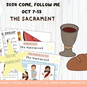 Puede incluir: Una descarga digital para un plan de lección sobre la Santa Cena. La imagen muestra una copa roja, una hogaza de pan, una sandía y una estrella con las palabras "Descarga digital". El texto "2024 Ven, sígueme: 7-13 de octubre La Santa Cena" está en la parte superior de la imagen.