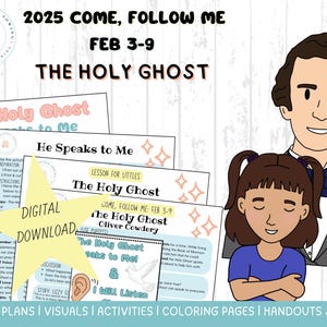 Op de afbeelding: Een digitale download voor een lesplan over de Heilige Geest. Het lesplan bevat visuals, activiteiten, kleurplaten, handouts en meer. Het lesplan is voor het Come, Follow Me-curriculum voor 3-9 februari 2025. Het lesplan is voor kinderen en bevat een cartoonafbeelding van een meisje en een man.