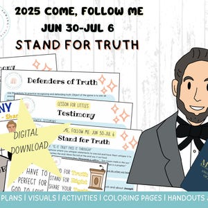 Pode incluir: Download digital com planos de aula, visuais e atividades para o programa "Vem, Segue-Me" de 2025. Inclui materiais temáticos "Defender a Verdade", com ilustrações e texto. Um homem de desenho animado segura um livro intitulado "O Livro de Mórmon".