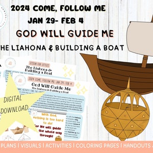 Puede incluir: Una descarga digital para un plan de lección de la Escuela Dominical sobre el Liahona y la construcción de un barco. El plan de lección incluye páginas para colorear, folletos y actividades. La imagen presenta una estrella amarilla con las palabras "Descarga digital" en ella, un barco y un Liahona.