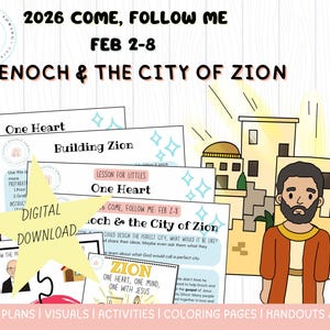 Könnte beinhalten: Digitaler Download mit Unterrichtsplänen und Visualisierungen zum Thema „Komm, folge mir“ 2026, „Henoch & die Stadt Zion“. Enthält Aktivitäten, Malvorlagen und Handouts. Das Bild zeigt eine Cartoon-Illustration eines Mannes und von Gebäuden.