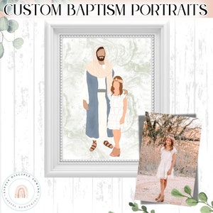 May include: A digital illustration of Jesus Christ with a young girl. Jesus is wearing a blue robe with a white sash and a white head covering. The girl is wearing a white dress with a floral crown. The illustration is set against a background of white marble with green veins. The text "CUSTOM BAPTISM PORTRAITS" is at the top of the image.