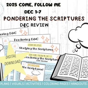 以下が含まれることがあります： 2025年Come, Follow Meカリキュラムのレッスン計画とビジュアルのデジタルダウンロード。聖典の熟考、D&Cレビュー、子供向けのレッスン用の資料が含まれています。本、思考バブル、星のグラフィックが特徴です。