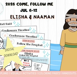 Puede incluir: Un conjunto de descarga digital con planes de lecciones, actividades y páginas para colorear titulado 2026 Come, Follow Me Jul 6-12 Elisha & Naaman. Incluye una ilustración de dibujos animados de una figura con vendas.