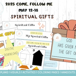 May include: Digital download of lesson plans and activities for spiritual gifts. The image features several pages with text, illustrations, and a gift box with the text "God has given me the gift of". Includes coloring pages and handouts.