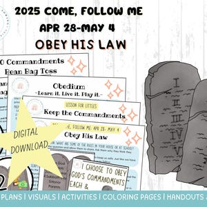 May include: A digital download for a Sunday school lesson plan about the 10 Commandments. The lesson plan includes visuals, activities, coloring pages, and handouts. The image features a colorful rainbow, a star, and a set of stone tablets with the 10 Commandments written on them.