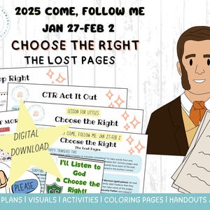 Op de afbeelding: Een digitale download voor een Come, Follow Me-lesplan van 27 januari tot 2 februari 2025. De les heeft de titel "Kies het juiste: De verloren pagina's" en bevat een gele ster met de woorden "Digitale download" erop. Het lesplan omvat activiteiten, kleurplaten en handouts.