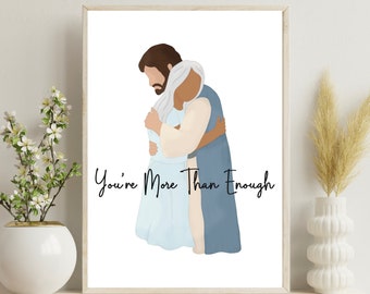 More Than Enough| GREY Hair MEDIUM Skintone| Christ Hugging Woman| Gift for Women| Mother’s Day| Birthday| Missionary| Ministering| Wall art