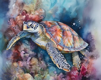 Water Color Turtle | Digital Art | AI Generated |AI Art | Downloadable | Printable |