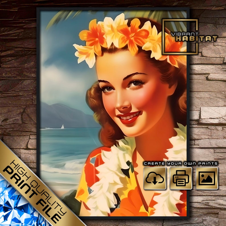 1940s Hula Girl Hawaii Poster, Hawaii Travel Poster, Hawaii Wall Art