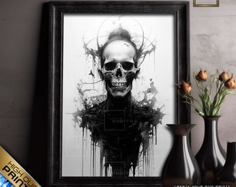 Pintura de acuarela de calavera, arte de calavera, decoración de Halloween, cartel de esqueleto, decoración gótica del hogar, gótico cottagecore, estampados académicos oscuros