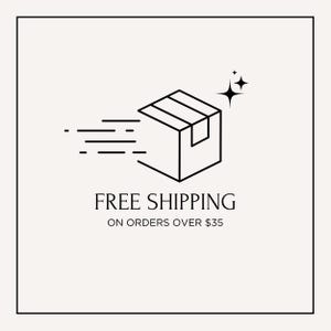 a simple line drawing of a box with a shipping label, accompanied by the text "FREE SHIPPING ON ORDERES OVER $35".