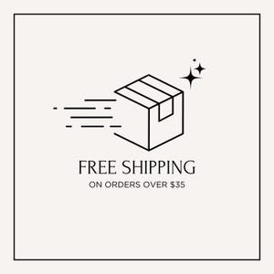 a simple line drawing of a box with a shipping label, accompanied by the text "FREE SHIPPING ON ORDERES OVER $35".
