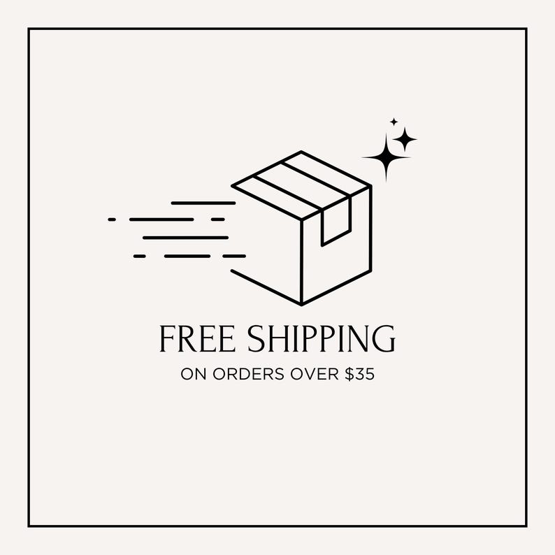a simple line drawing of a box with a shipping label, accompanied by the text "FREE SHIPPING ON ORDERES OVER $35".