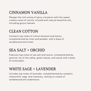 a collection of scented candles, each with a unique aroma and composition. The candles are made from various natural ingredients, such as cinnamon, cotton, sea salt, white sage, and lavender. The candles are arranged in a visually appealing manner, showcasing the different fragrances and colors they offer.