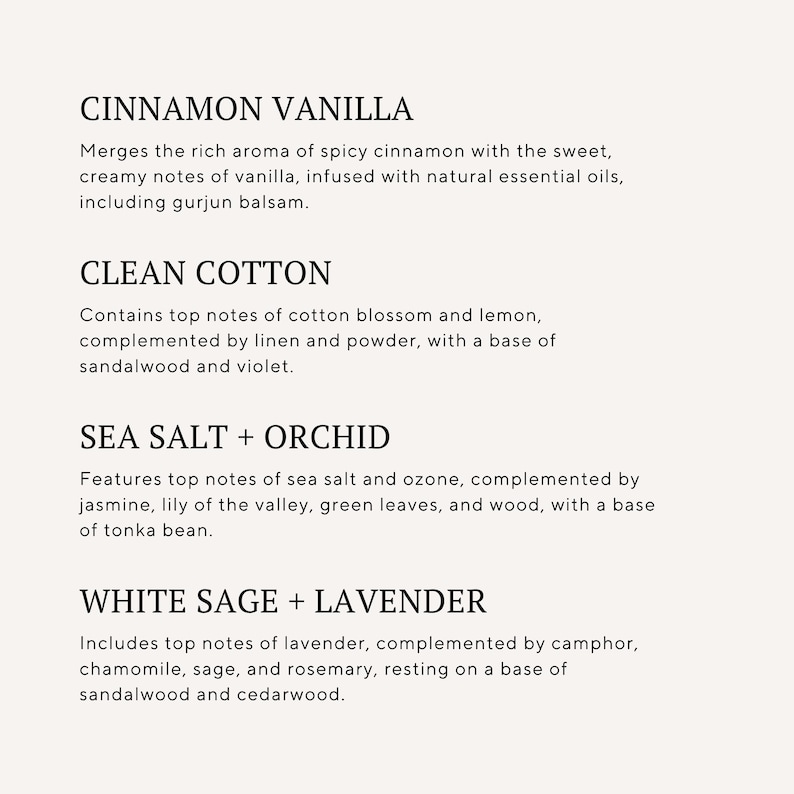 a collection of scented candles, each with a unique aroma and composition. The candles are made from various natural ingredients, such as cinnamon, cotton, sea salt, white sage, and lavender. The candles are arranged in a visually appealing manner, showcasing the different fragrances and colors they offer.