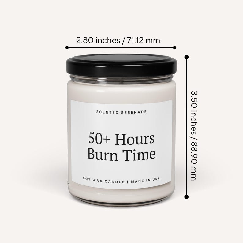 a candle labeled "Scented Serenade" with a black lid, and it is described as having a 50+ Hours Burn Time. The candle is shown in a jar, and the image is set against a white background.