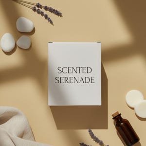 a white box with the text "SENTED SERENADE" on it, surrounded by various items such as a bottle, stones, and lavender.