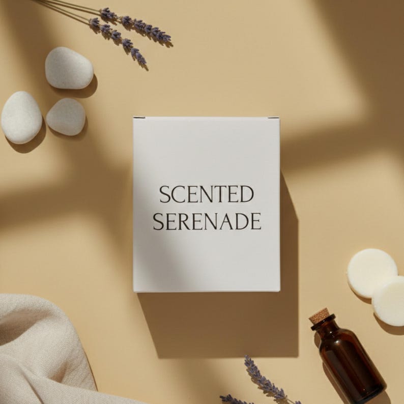 a white box with the text "SENTED SERENADE" on it, surrounded by various items such as a bottle, stones, and lavender.