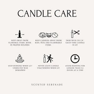 text and symbols related to candle care, including instructions on how to properly use and maintain candles.