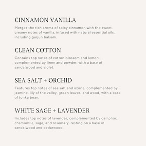 a collection of scented candles, each with a unique aroma and composition. The candles are made from various natural ingredients, such as cinnamon, cotton, sea salt, white sage, and lavender. The candles are arranged in a visually appealing manner, showcasing the different fragrances and colors they offer.