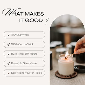 a hand lighting a soy wax candle in a glass jar, with a list of features highlighted in the background.