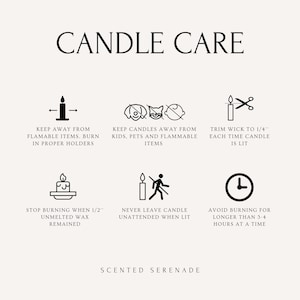 text and symbols related to candle care, including instructions on how to properly use and maintain candles.