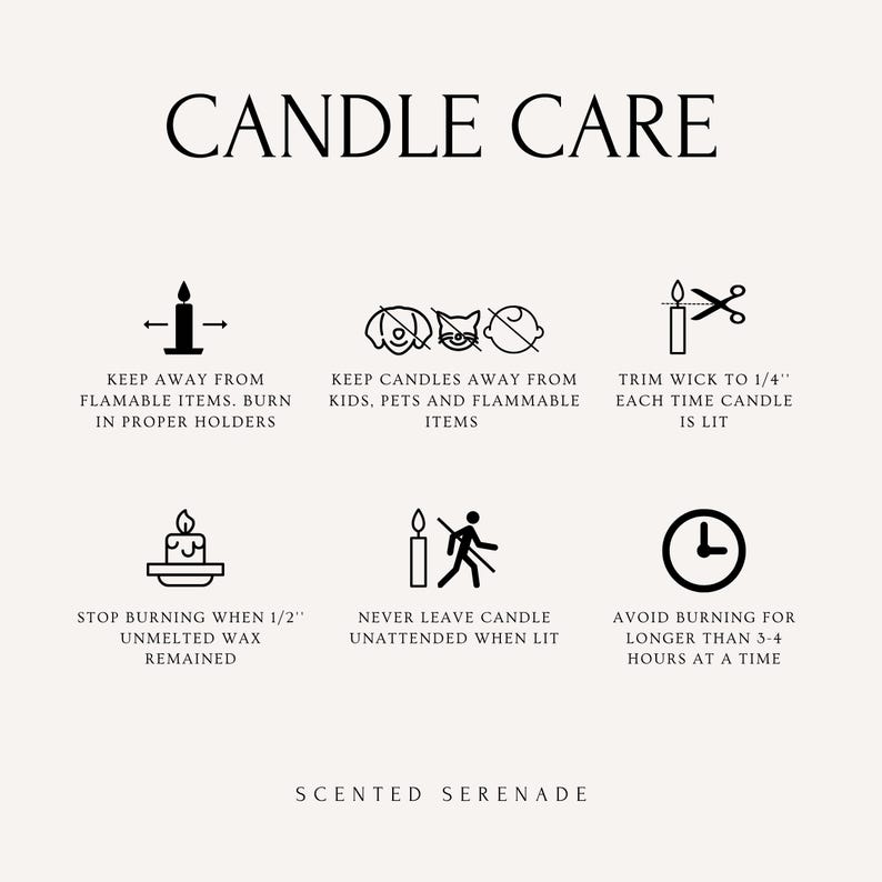 text and symbols related to candle care, including instructions on how to properly use and maintain candles.