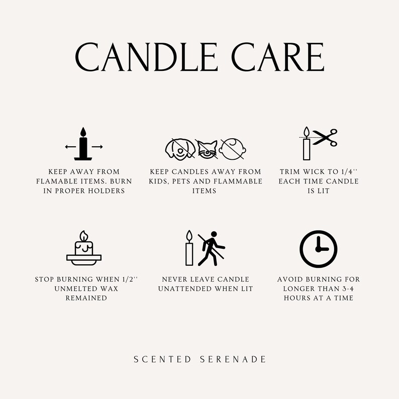 text and symbols related to candle care, including instructions on how to properly use and maintain candles.