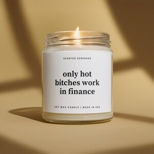 May include: A clear glass jar soy wax candle with a white label featuring the text Scented Serenade, only hot bitches work in finance, and Soy Wax Candle | Made in USA. The candle is lit, showing a small flame at the top of the wick.