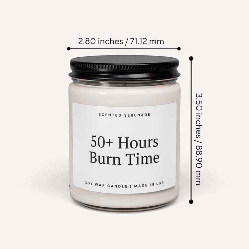 a white candle labeled "Scented Serenade" with a black cap. The candle is described as having a 50+ Hours Burn Time and is made in the USA. The candle is approximately 2.80 inches tall, with a 712 mm height.